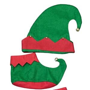 Christmas Elf Outfit Hat Shoes Jingle Bells Felt One‎ Size Green Red Holiday Fun